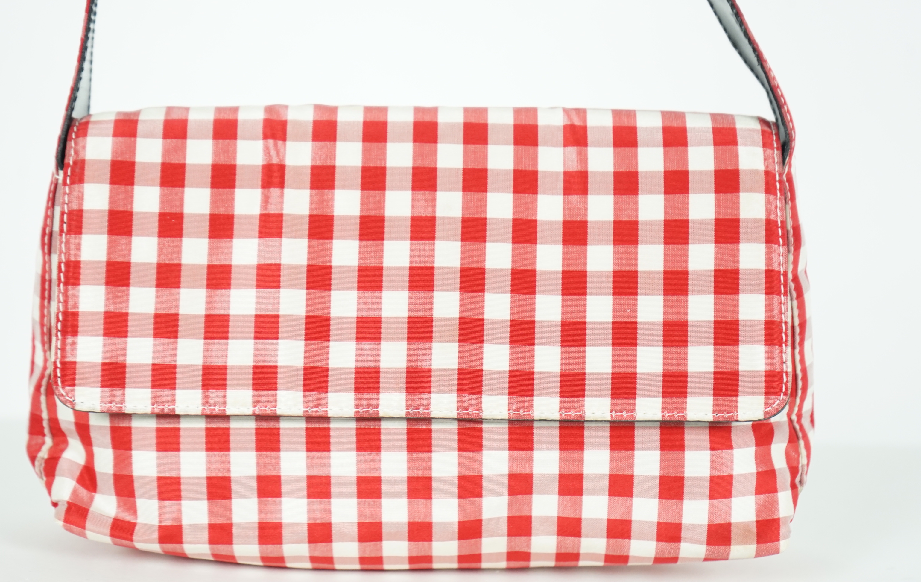 A Ralph Lauren red and white gingham satin evening bag, width 22cm, height 14cm, overall height 30cm, depth 5cm